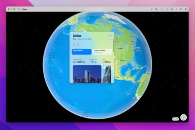 Információs kártya Dallas számára a MacOS Monterey rendszeren futó Apple Maps alkalmazásban.