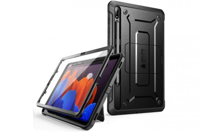 Supcase UB Series Pro-etui i sort til Samsung Galaxy Tab S8 Plus, der viser bagsiden af ​​etuiet og holdbar skærmbeskyttelse.