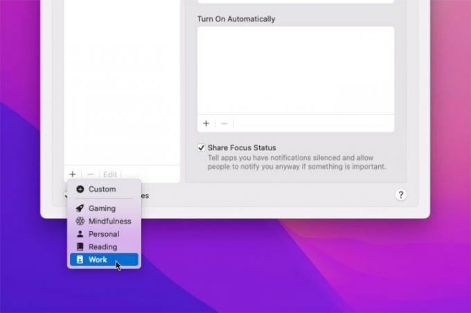 Daftar opsi mode Fokus dan preset di MacOS Monterey.