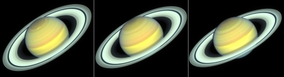 Hubble Space Telescope-bilder av Saturnus tagna 2018, 2019 och 2020 när planetens norra halvklots sommar övergår till höst.