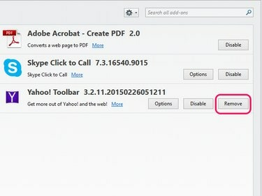 Καταχώρηση Yahoo Toolbar στην οθόνη πρόσθετων, με τονισμένο το κουμπί Κατάργηση.