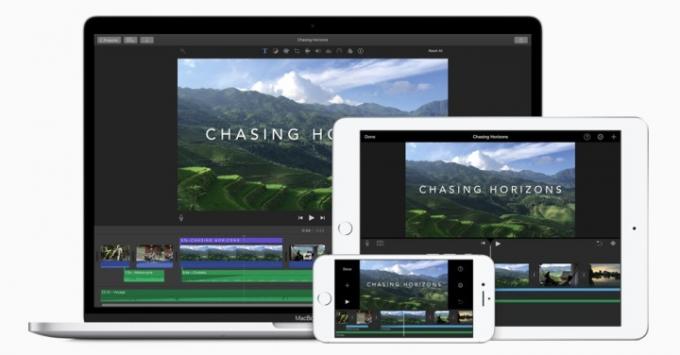 Eine Collage verschiedener Geräte: ein MacBook, ein iPad und ein iPhone – alle zeigen ihre Versionen von iMovie auf ihren jeweiligen Bildschirmen.