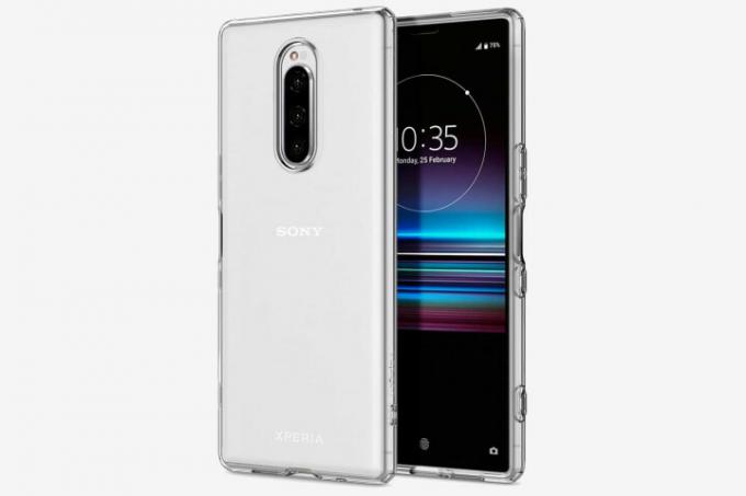 Sony Xperia 1 telefon i et Spigen Liquid Crystal clear cover