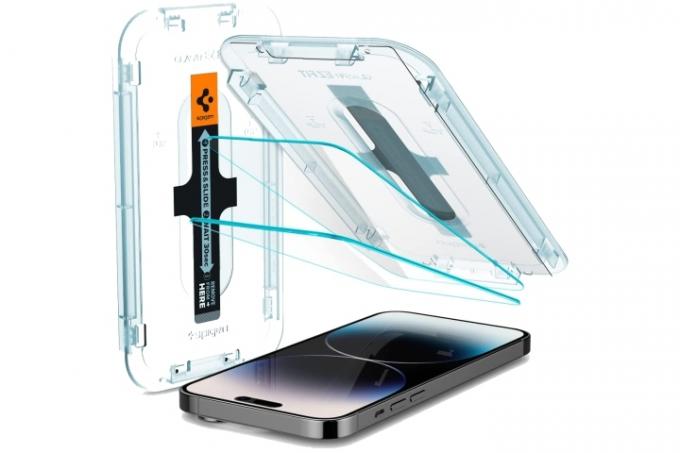 Spigen Tempered Glass Screen Protector [GlasTR EZ FIT] emballage og telefon med animeret demo.