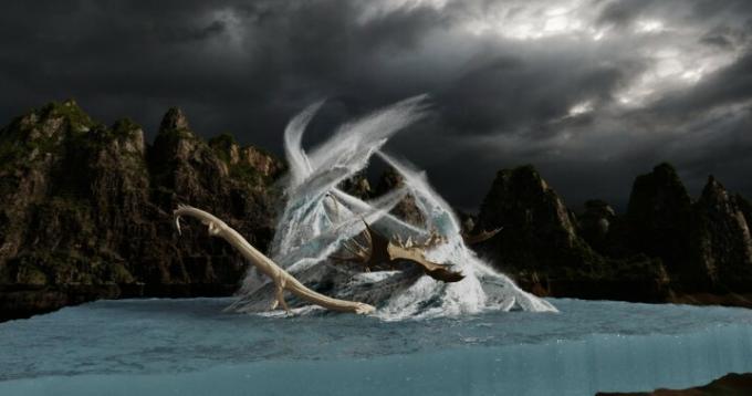 تعمل المؤثرات المرئية على تصوير تنانين تتقاتل على الماء في مشهد من Shang-Chi وThe Legend of the Ten Rings.