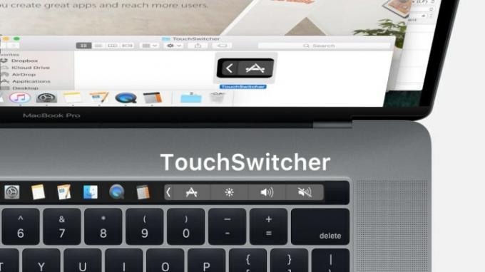 Um MacBook Pro exibindo as funções do TouchSwitcher.