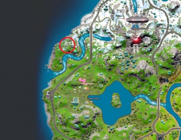 En plats för en spricka är inringad på en karta över Fortnite-ön.