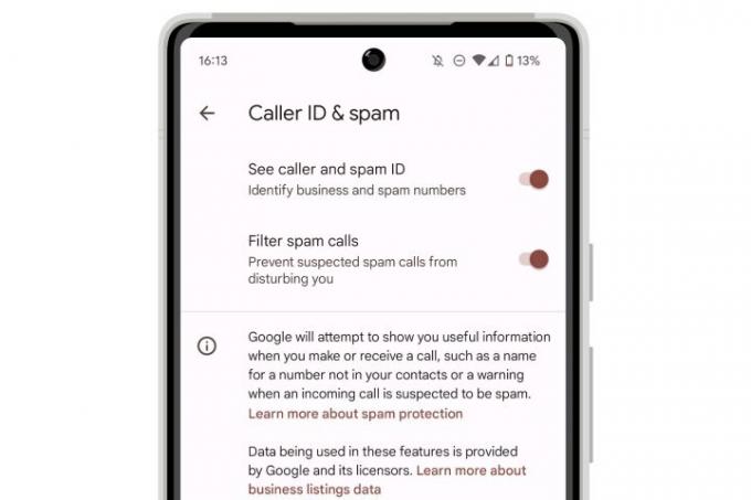 Configurações de identificação de chamadas e spam no Pixel 6.