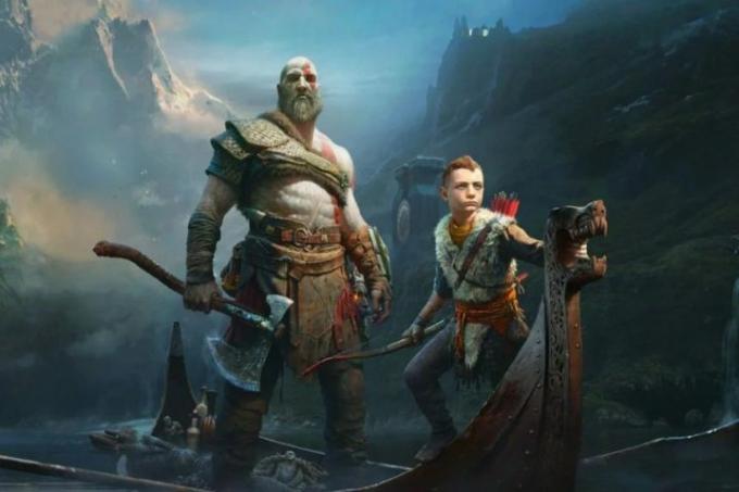 Kratos și Atreus călărind împreună într-o barcă în arta promoțională God of War.