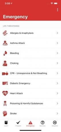 緊急事態のリストを表示する応急処置アプリのスクリーンショット