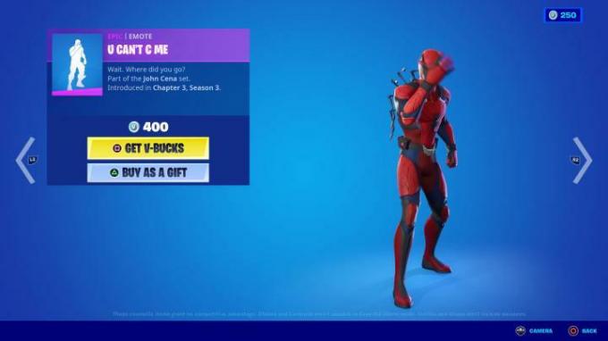 Deadpool dělá ve Fortnite emoci U Can't C Me.