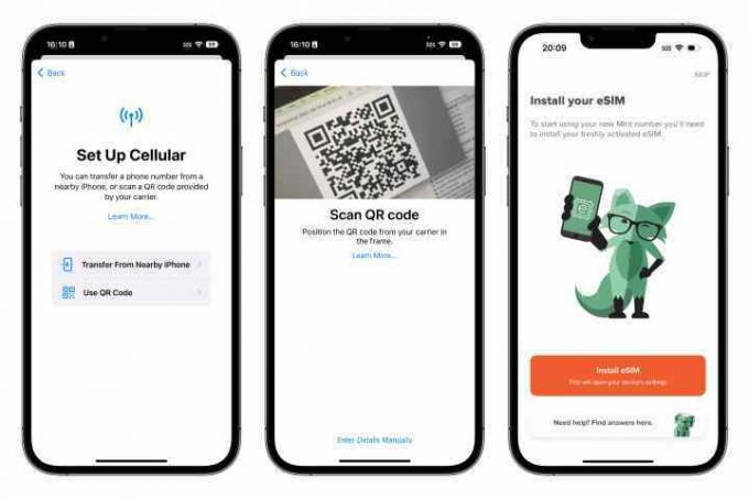 Três iPhones mostrando métodos para configurar o eSIM usando um código QR ou aplicativo.