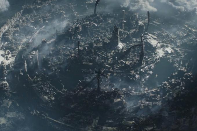 Una ciudad mandaloriana destruida se muestra desde arriba en el episodio 2 de la temporada 3 de The Mandalorian.