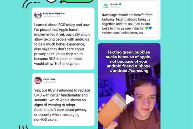RCS を採用しなかったことに対する Apple に対するツイートと TikTok の動揺のイラスト。