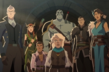 Vox Machina berdiri bersama di depan gapura di The Legend of Vox Machina Musim 2.