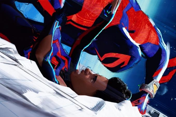 Miguel menahan Miles di Spider-Man: Across the Spider-Verse.