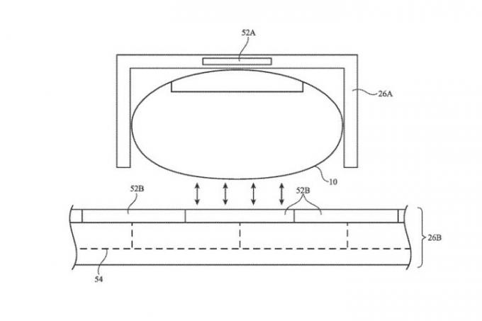 Ein Bild aus einem Apple-Patent zeigt ein fingerhutähnliches Gerät, das den Finger eines Benutzers zusammendrückt, um den Aufprall des Fingers beim Auftreffen auf eine Touchscreen-Oberfläche abzumildern.