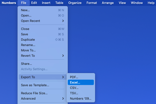 Esporta in Excel nel menu File di Numbers.