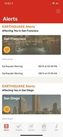 Screenshot dell'app Avvisi di emergenza della Croce Rossa americana che mostra avvisi di esempio per San Francisco e San Diego