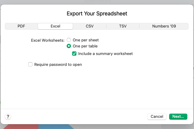 Exportați selecțiile din Numbers în Excel.