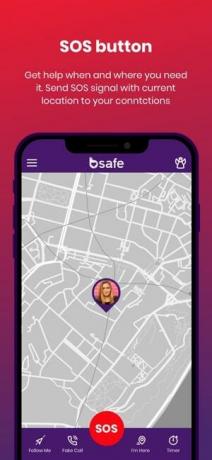 SOS ボタン機能を説明する bSafe アプリのスクリーンショットと、ユーザーの位置を示す地図の写真