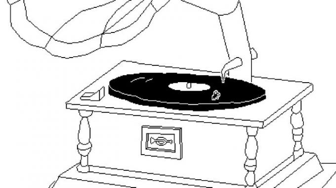 Muha sedi na gramofonu v igri Čas leti.
