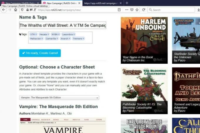 Roll20 VTM 캠페인 페이지 이미지