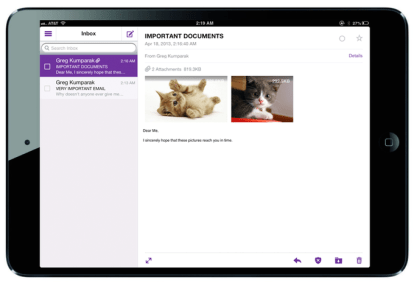 หน้าจอหลักของแอป Yahoo Mail