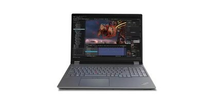 Intelova mobilna delovna postaja Lenovo ThinkPad P16 Gen 2, obrnjena naprej na belem ozadju.