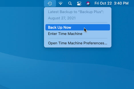 Die Time Machine-Sicherungsoption in der MacOS-Menüleiste.