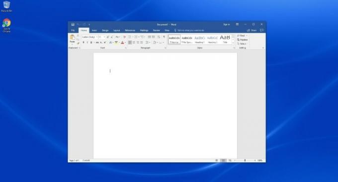 Eine leere Dokumentseite in Microsoft Word auf einem blauen Desktop-Hintergrund.