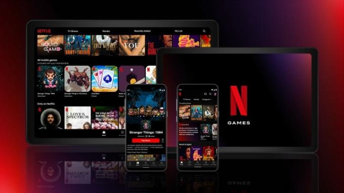 Promocja Netflix Gaming przedstawiająca menu urządzenia mobilnego, tabletu i komputera stacjonarnego.