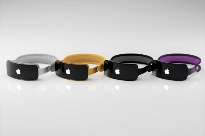 Renderowanie czterech zestawów słuchawkowych Apple do rzeczywistości mieszanej (Reality Pro) w różnych kolorach, umieszczonych na powierzchni.