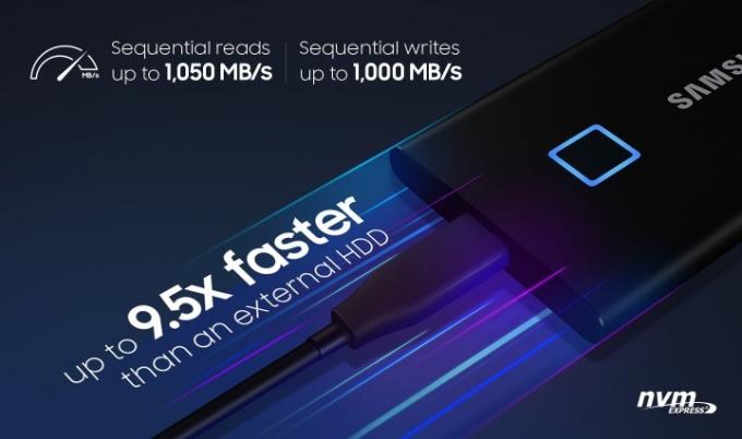 A Samsung T7 Touch hordozható SSD akár 9,5-szer gyorsabb sebességet kínál, mint egy külső HDD.