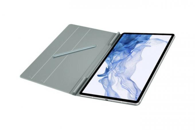 Samsung Bogomslag i lysegrøn på Samsung Galaxy Tab S8 Plus, åben med S Pen og vis S Pen-opbevaring.