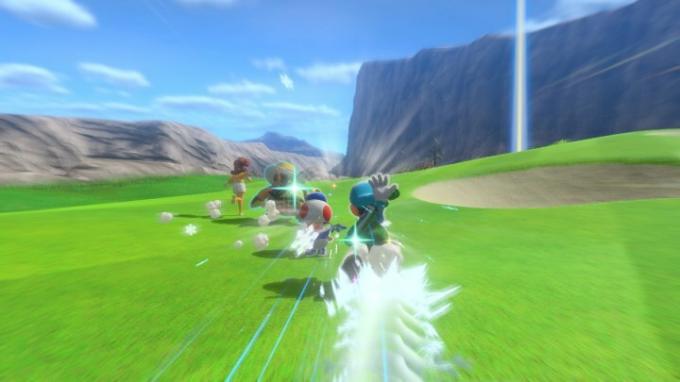 Charaktere, die im Speed-Golf-Modus von Mario Golf: Super Rush laufen.