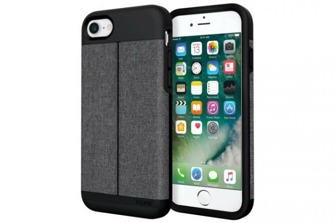 התמונה מציגה את המראה הקדמי והאחורי של אייפון 7 במארג אפור ושחור Esquire Wallet Case מבית Incipio