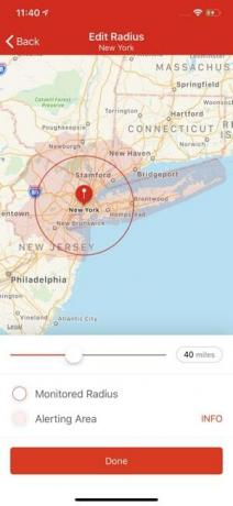 Screenshot dell'app Avvisi di emergenza della Croce Rossa americana che mostra una mappa dell'area di New York e le opzioni di impostazione degli avvisi