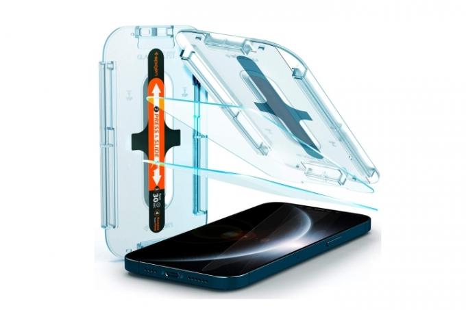 מגן מסך Spigen Tempered Glass עם מגש ומוליך.