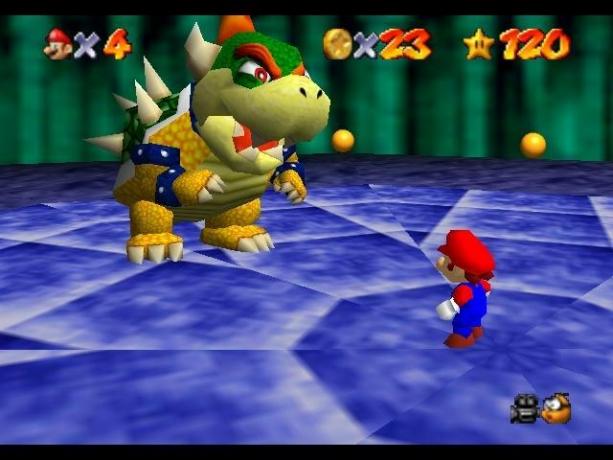 Mario e Bowser prestes a lutar em um círculo azul.