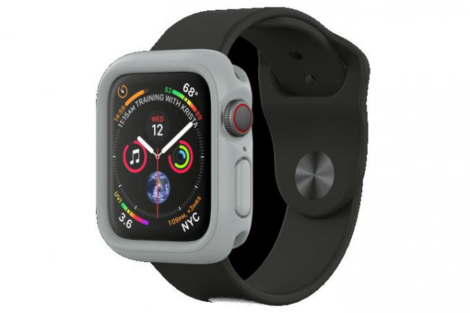 Zdjęcie przedstawia zegarek Apple Watch w etui RhinoShield CrashGuard NX w kolorze czarno-szarym
