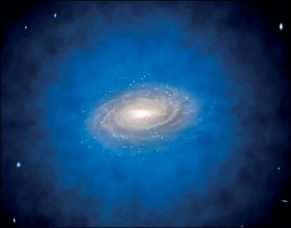 暗黒物質ハロー（青色）として知られる、目に見えない暗黒物質のより大きな分布に埋め込まれた渦巻銀河の芸術家の印象