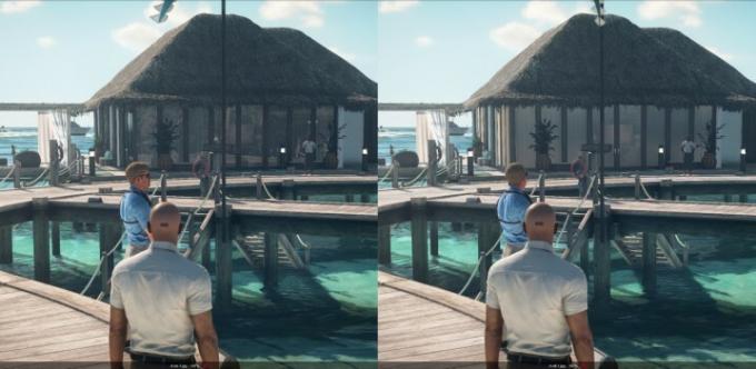 Агент 47 стои на Малдивите в Hitman 3.