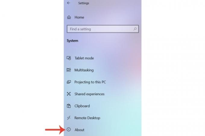 Opcja Informacje jest podświetlona w systemie Windows 10.