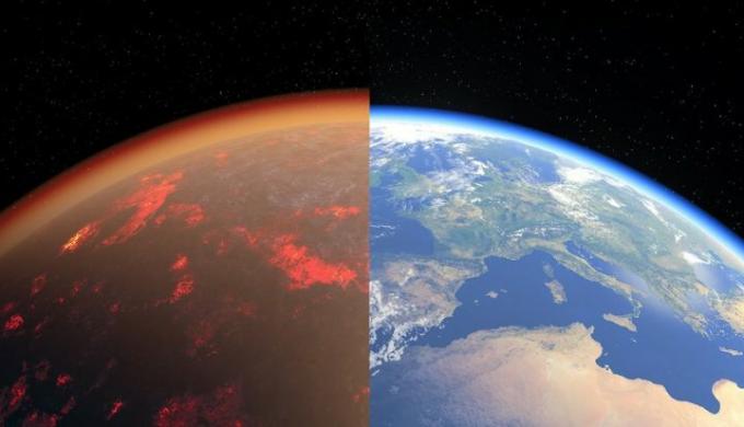  熱く濃厚な CO2 を多く含む大気 (左) と現在の地球のアーティストの印象。