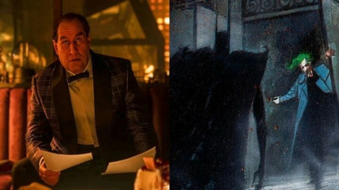 Gesplitst beeld van Colin Farrell als Penguin en Batman tegenover de Joker bij de ingang van Arkham Asylum in de strips van DC.