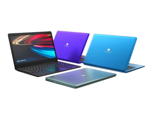 Il notebook Gateway da 14 pollici in una gamma di colori su uno sfondo bianco.