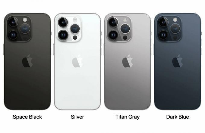 스페이스 블랙, 실버, 타이탄 그레이 및 다크 블루 색상의 iPhone 15 Pro 렌더링.