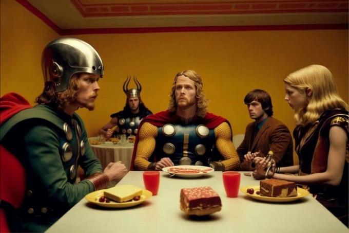 Thor sitter vid ett bord i 80-talets Avengers.