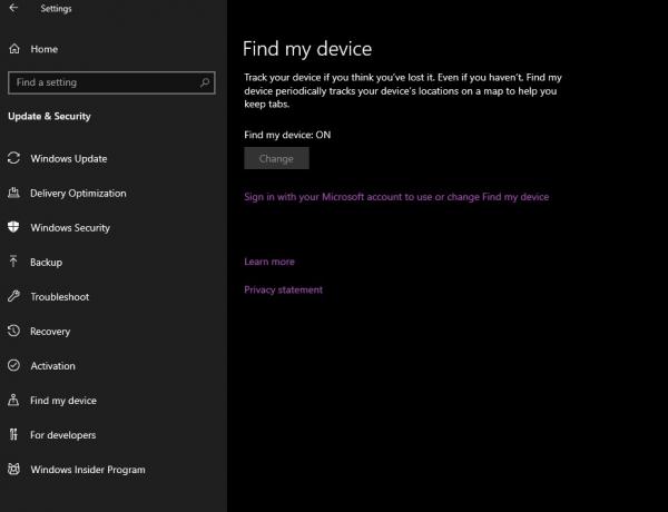 Nastavitev Windows Find My Device na posnetku zaslona sistema Windows 10